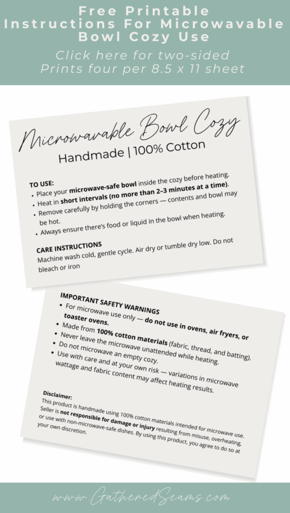 Printable microwavable bowl cozy instructions (two-sided)