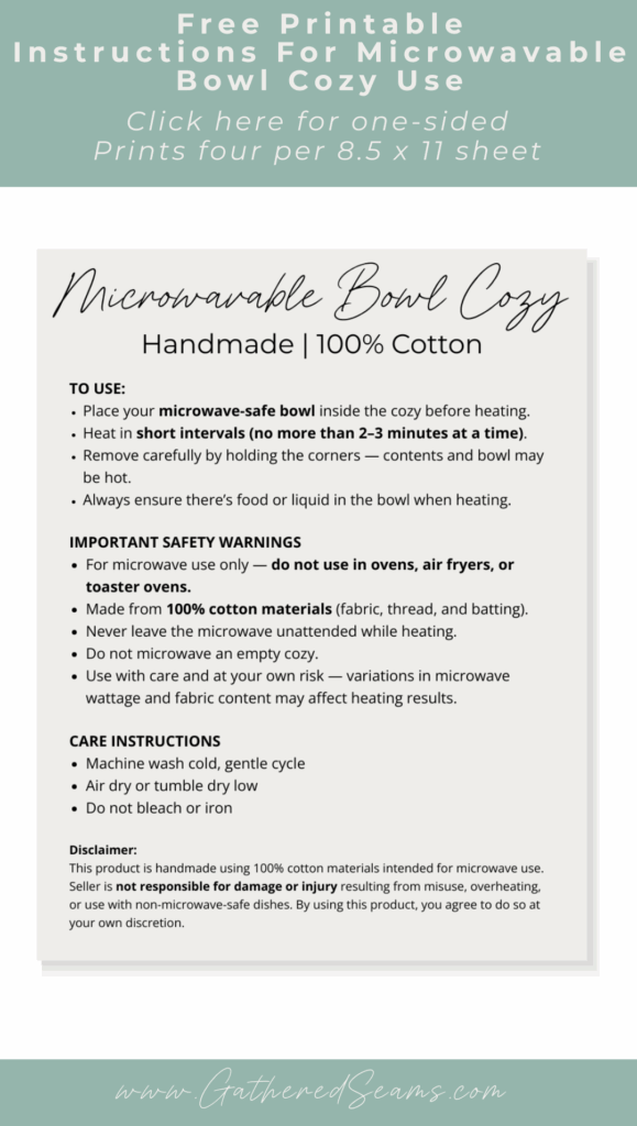 Printable microwavable bowl cozy instructions (one-sided)